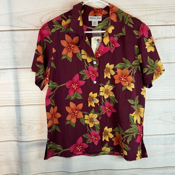 Vintage Heritage Road Burgundy Floral Print Short Sleeve Button Up Size Medium - Picture 1 of 8